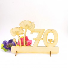 70 Zahl mit Mohnblume und Hund oder Katze aus Holz 18 cm breit Personalisiert für Geburtstag