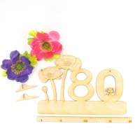 80 Zahl mit Mohnblume und Hund oder Katze aus Holz 18 cm breit Personalisiert für Geburtstag