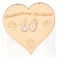 Zahl 60 geschwungenes Herz Aufschrift Diamantene Hochzeit mit Rosen