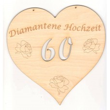 Zahl 60 geschwungenes Herz Aufschrift Diamantene Hochzeit mit Rosen