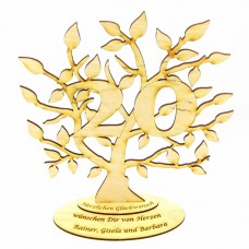 Lebensbaum aus Holz mit der Zahl 20 und Personalisierter Gravur in 28cm Hoch Geburtstagsbaum oder Jubiläum