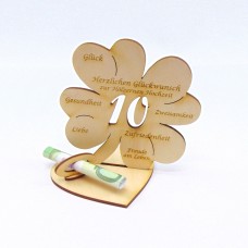 Kleeblatt mit Zahl 10, passend für Geldgeschenke, z. B. zum Geburtstag oder Hölzerne Hochzeit oder Rosenhochzeit