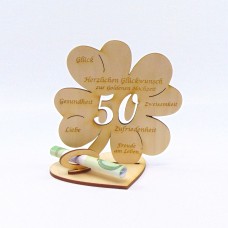 Kleeblatt mit Zahl 50, hervorragend geeignet für Geldgeschenke zur Goldenen Hochzeit, 11,7cm Kleeblatt
