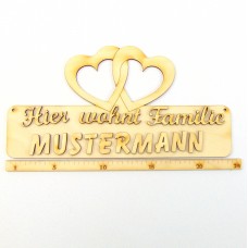 Türschild mit Doppelherz  groß 235mm für Ihren Namen 14 Buchstaben