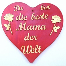 Herzbrett Beste Mama der Welt, Holzherz in Rot metallic als Geschenk Muttertag
