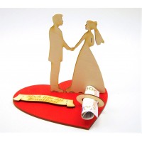 Brautpaar stehend mit langem Haar zur Hochzeit, Verlobung, Geldgeschenk, Gutschein, Banner aus Holz