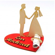 Brautpaar stehend mit langem Haar zur Hochzeit, Verlobung, Geldgeschenk, Gutschein, Schriftzug aus Holz