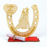 Brautpaar Schleier im Hufeisen Personalisiert zur Hochzeit, Verlobung, Geldgeschenk aus Holz