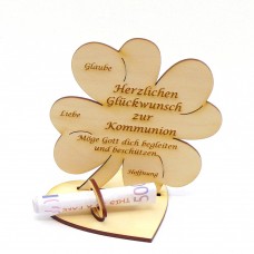 Kleeblatt Geldgeschenk zur Kommunion aus Holz 11,7 cm Personalisiert