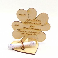 Kleeblatt Geldgeschenk zur Konfirmation aus Holz 11,7 cm Personalisiert