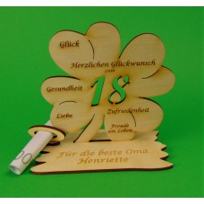 Kleeblatt mit Zahl 18, ideal für Geldgeschenke zum Geburtstag oder zur Türkis-Hochzeit