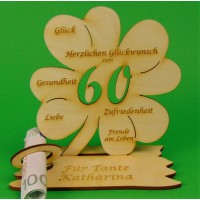 Kleeblatt mit Zahl 60 - ideal als Geldscheinhalter, zum Geburtstag oder Diamant Hochzeit
