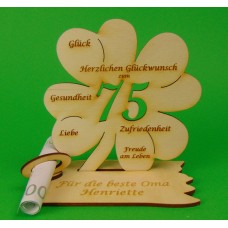 Kleeblatt mit Zahl 75 - passend für Geldgeschenke zum Geburtstag oder zur Kronjuwelenhochzeit