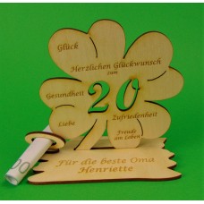 Kleeblatt mit Zahl 20, geeignet für Geldgeschenke, z. B. zum Firmenjubiläum oder zur Porzellanhochzeit