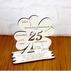 25. Geburtstag Geld-Gutschein-Geschenk -  Kleeblatt  weiß  Tischdekoration mit Gravur "Ich wünsche ... " auf der Unterplatte