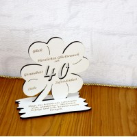 40. Geburtstag Geld-Gutschein-Geschenk - Kleeblatt weiß mit Gravur "Wir wünschen dir ... "