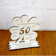 50. Geburtstag Geld-Gutschein-Geschenk -  Kleeblatt  weiß  Tischdekoration mit Gravur "Ich wünsche ... " auf der Unterplatte