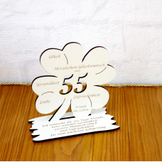 55. Geburtstag Geld-Gutschein-Geschenk -  Kleeblatt  weiß  Tischdekoration mit Gravur "Ich wünsche ... " auf der Unterplatte