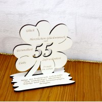 55. Geburtstag Geld-Gutschein-Geschenk - Kleeblatt weiß mit Gravur "Wir wünschen dir ... "