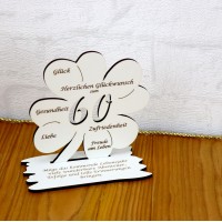 60. Geburtstag Geld-Gutschein-Geschenk - Kleeblatt weiß mit Gravur "Wir wünschen dir ... "