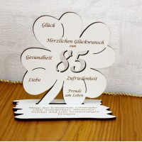 85. Geburtstag Geld-Gutschein-Geschenk - Kleeblatt weiß mit Gravur "Wir wünschen dir ... "