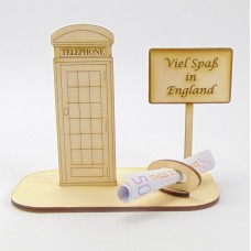Geldgeschenk Englische Telefonzelle für eine Reise nach London oder England mit Ortsschild und Geldscheinhalter